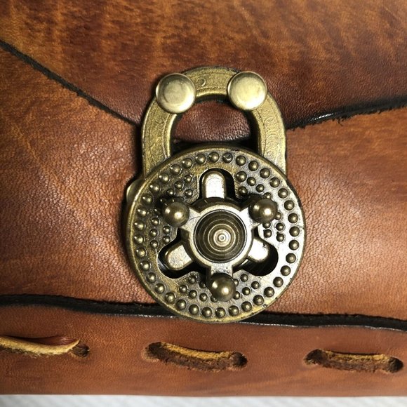 Vintage~Brown Leather Shoulder Bag~ Stitching~Flap~Turnlock - Picture 7 of 8